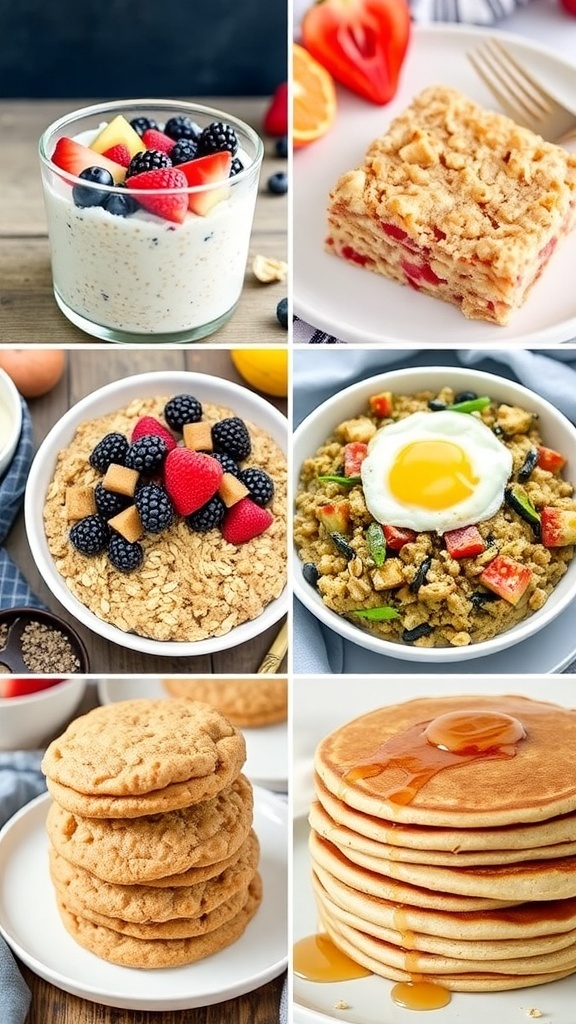 Collage of oatmeal recipes: overnight oats, baked oatmeal, savory oatmeal bowl, oatmeal cookies, and pancakes.